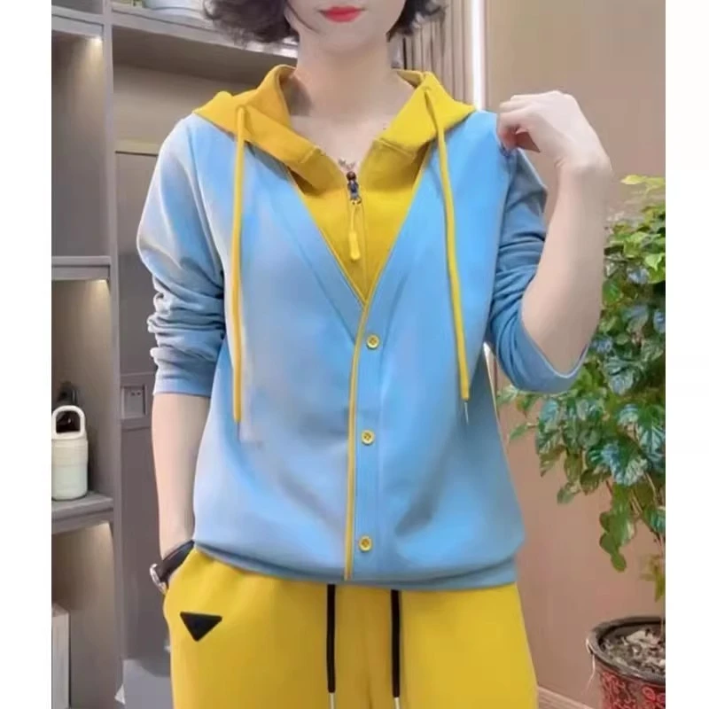 连帽卫衣女2025新款春季爆款休闲韩版时尚撞色假两件洋气百搭上衣