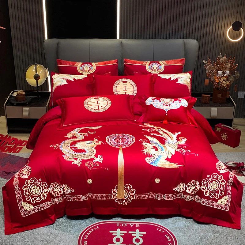 2025新款全棉刺绣婚庆四件套多件套轻奢喜庆红婚房用大床用喜被
