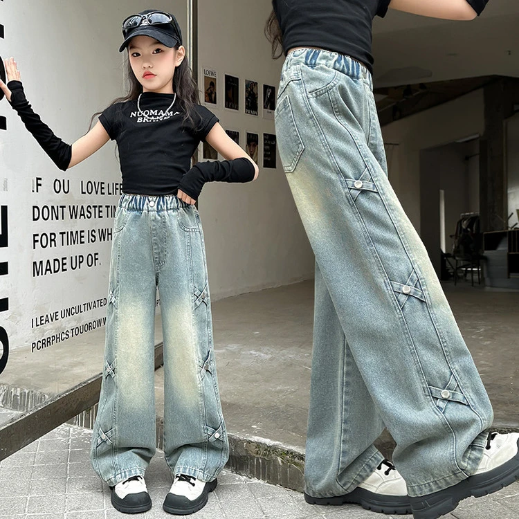 女童牛仔裤春秋款2025新款春装儿童直筒阔腿裤女孩大童裤子初中生