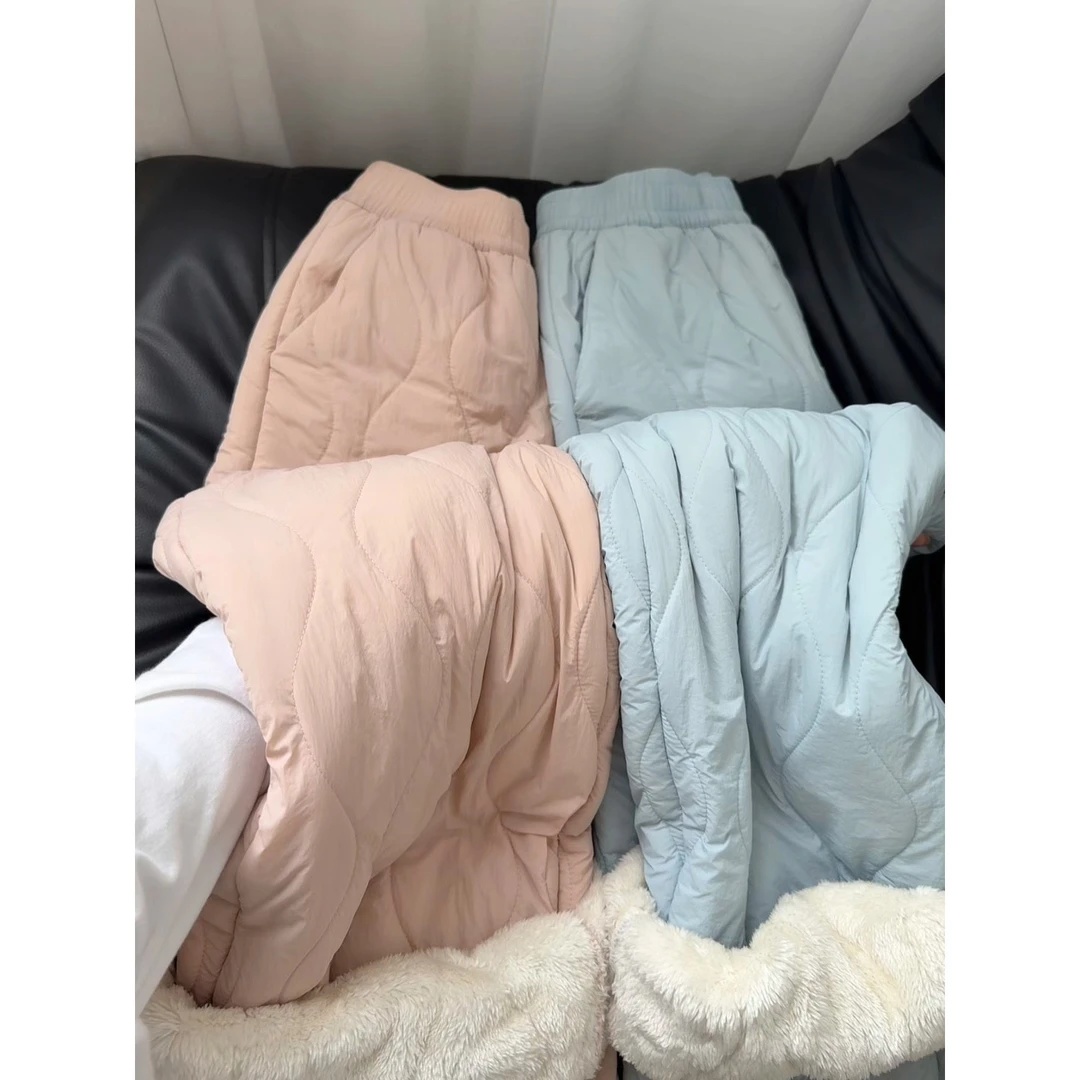 粉色羊羔绒棉裤女秋冬外穿东北加绒加厚保暖防寒裤毛绒束脚阔腿裤