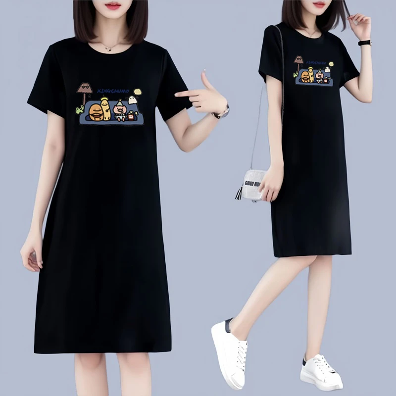 大码连衣裙长款过膝2025新款夏季韩版宽松显瘦短袖休闲t恤裙子女