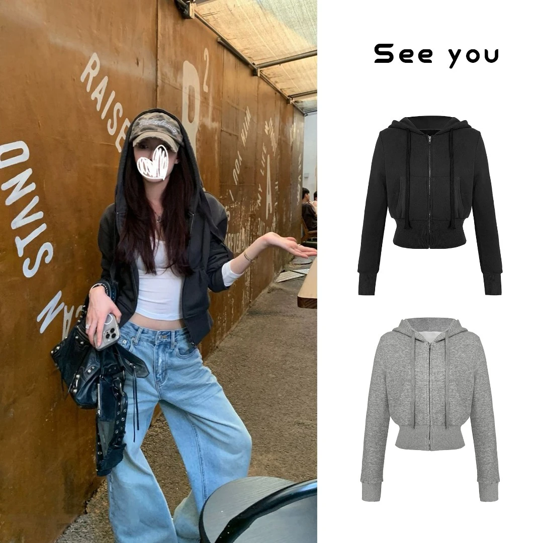 初秋傍晚慵懒短款连帽卫衣外套女A1270