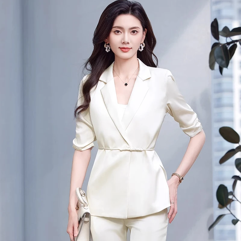 国风中式西装套装女夏季时尚女装修身高级醋酸上衣职业套装女新款