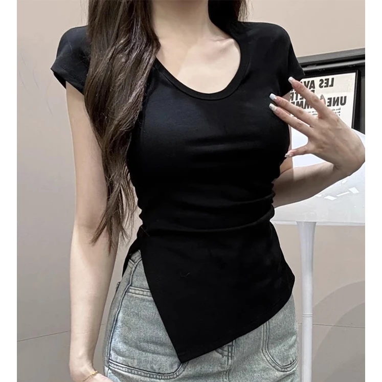 纯欲风U领纯色不规则开叉褶皱短袖T恤女夏季新款紧身显瘦别致上衣