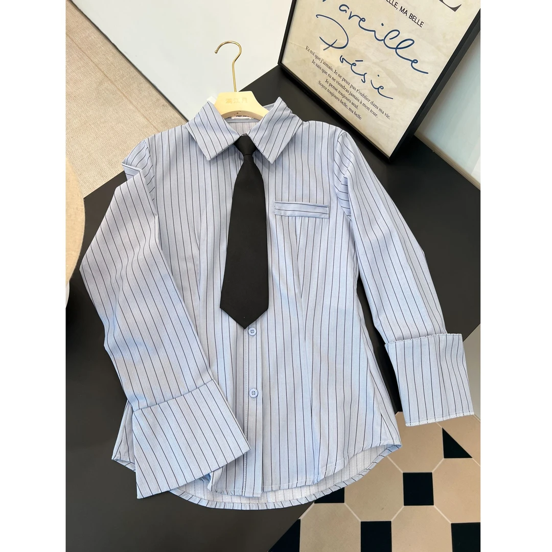 修身显瘦设计感复古衬衣蓝条纹衬衫女秋季配领带时尚制服外穿气质