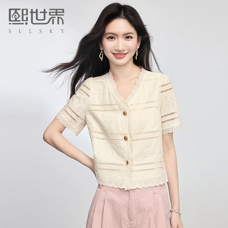 熙世界花边蕾丝V领衬衫女短袖高级感镂空短款上衣2025夏新款
