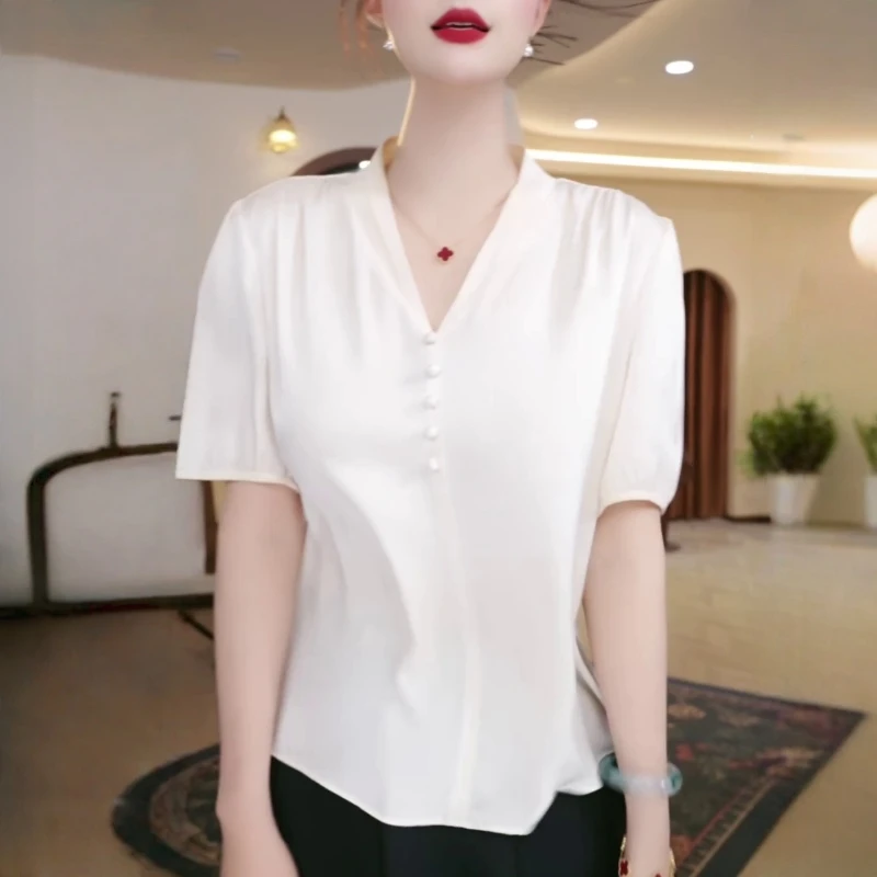 高档法式纯色V领气质短袖T恤女2025夏季新款宽松显瘦舒适透气小衫