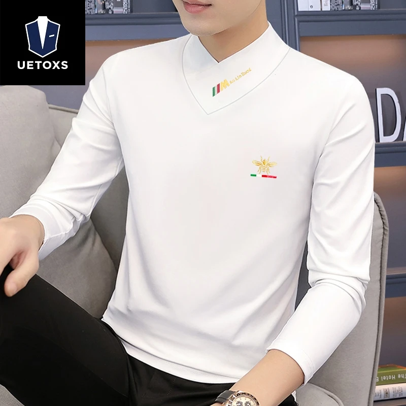 男士秋季高档时尚秋冬长袖t恤新款印花宽松休闲打底衫男款V领卫衣