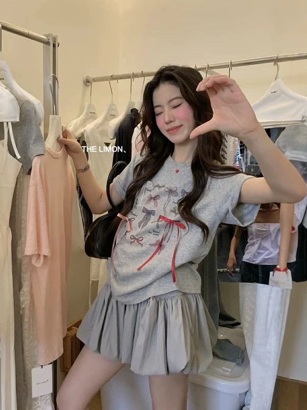 韩系东大门柠檬绿茶韩系蝴蝶结精致宽松圆领百搭短袖T恤夏季