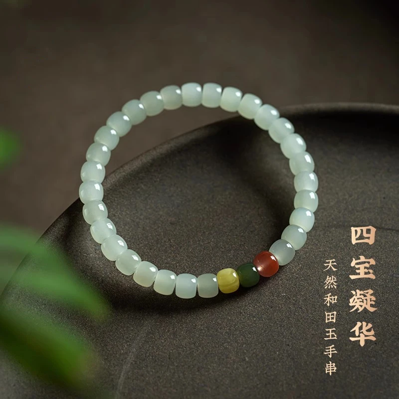 男女单圈新款正宗和田玉手串简约精致蜜蜡桶珠百搭气质手链