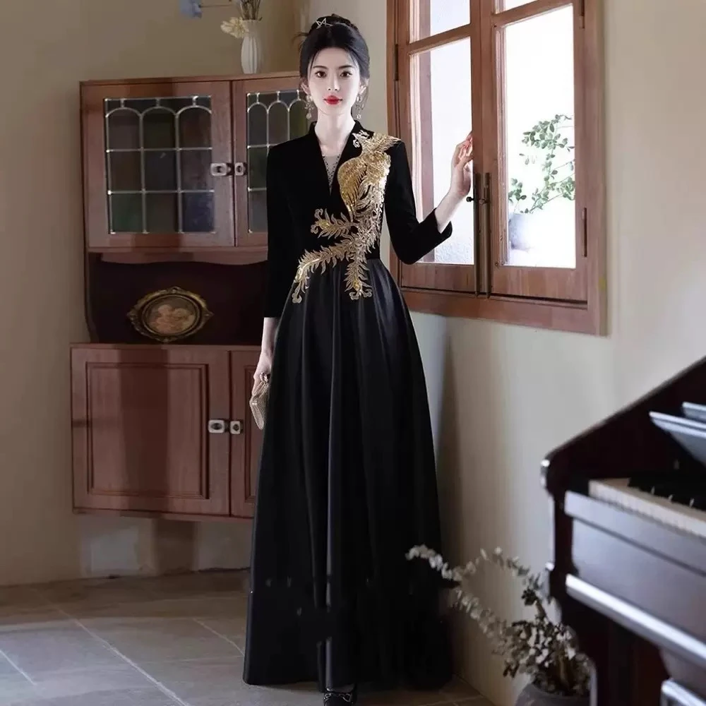 晚礼服女高级感2025新款宴会主持人黑色连衣裙小众轻奢艺考演出裙