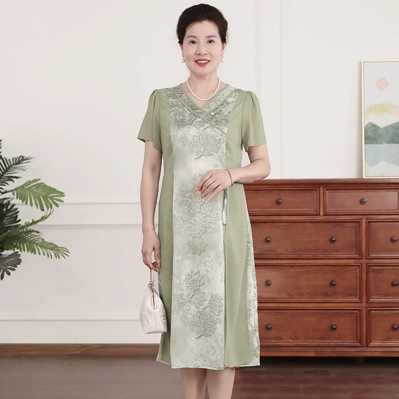 时尚气质妈妈夏装新中式连衣裙2025新款中年女短袖国风印花长裙子