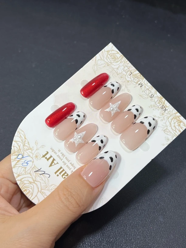 奶蓝豹纹纯手工穿戴甲小清新法式蝴蝶结美甲贴片2378