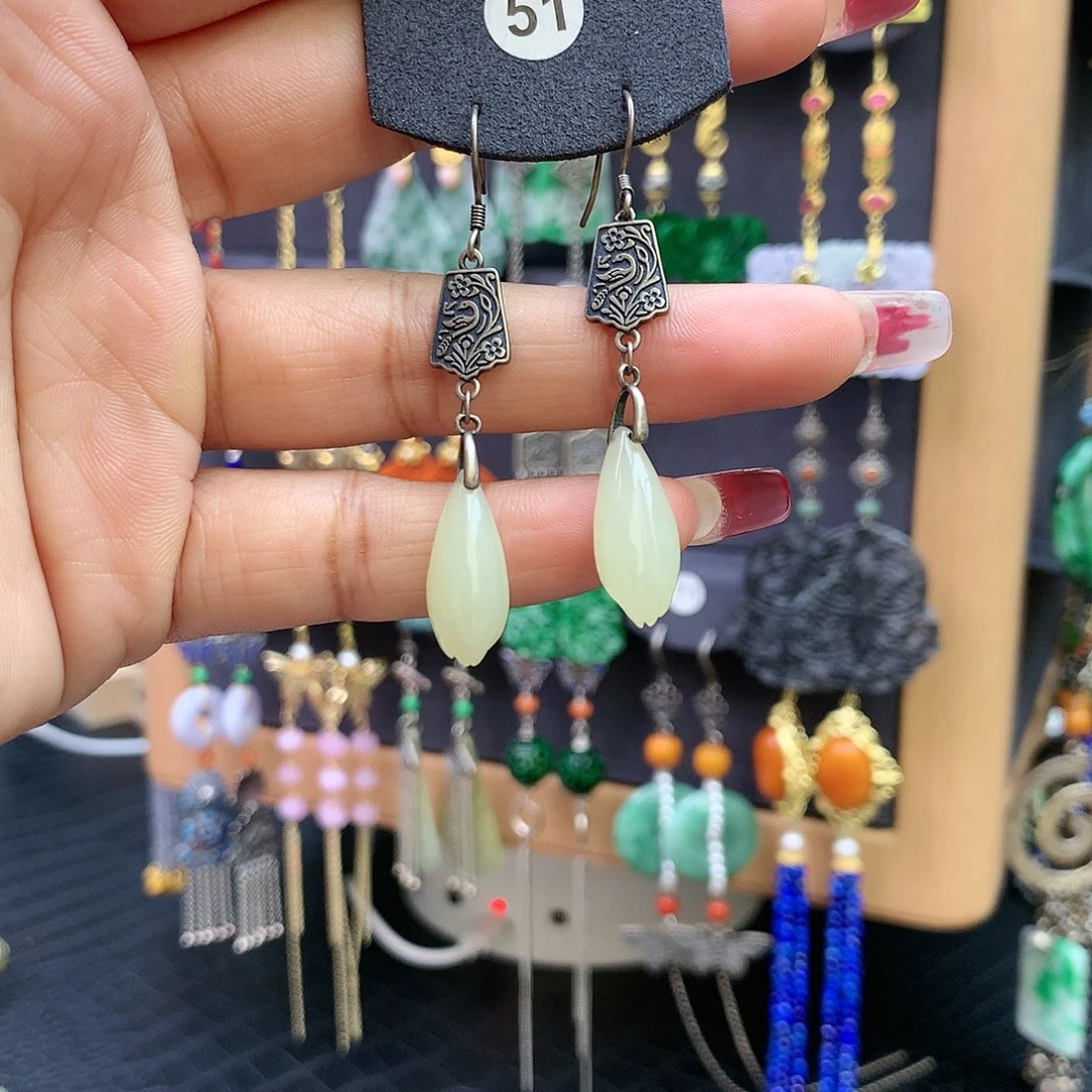 【闪购商品】和田玉耳饰银S925镶嵌y**心耳坠