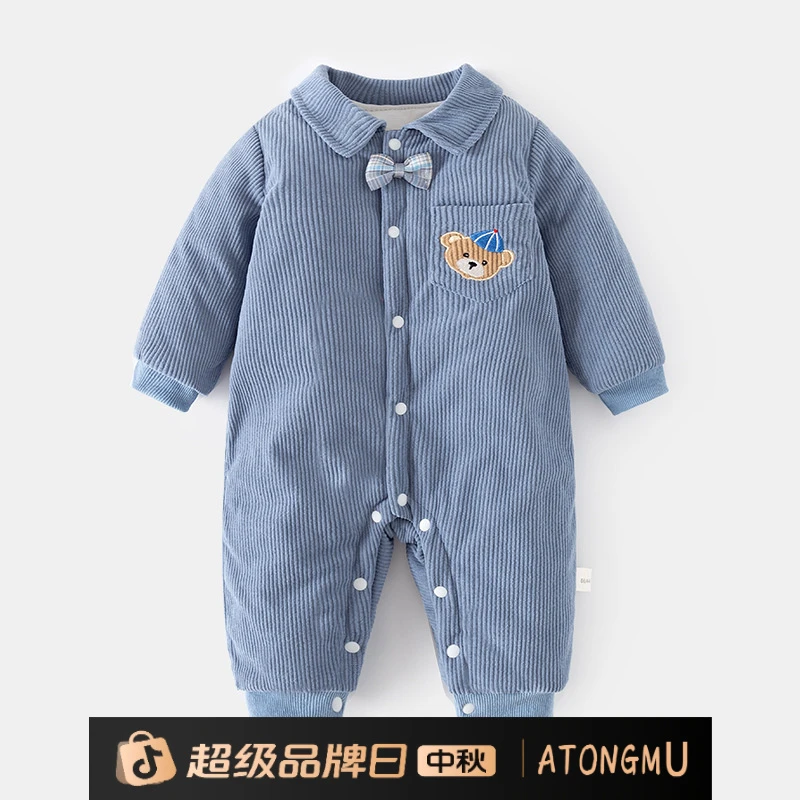 婴幼儿加棉舒适偏开连体衣宝宝夹棉加厚保暖秋冬装哈衣连身衣爬服