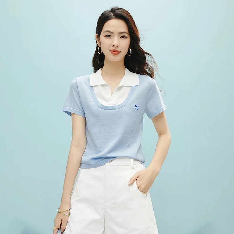 晚白【新品】2025婴儿蓝假两件莱赛尔上衣针织短袖女25032551
