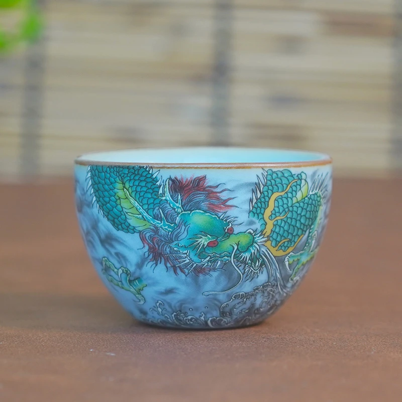 圆底杯天青青龙珐琅彩缠枝客杯60毫升茶杯品茗杯主人杯茶具陶瓷