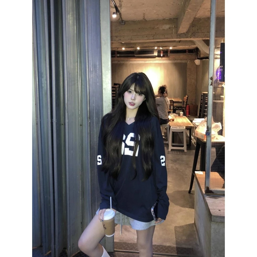 原版面料 美式辣妹复古印花V领长袖T恤女秋季宽松显瘦百搭上衣