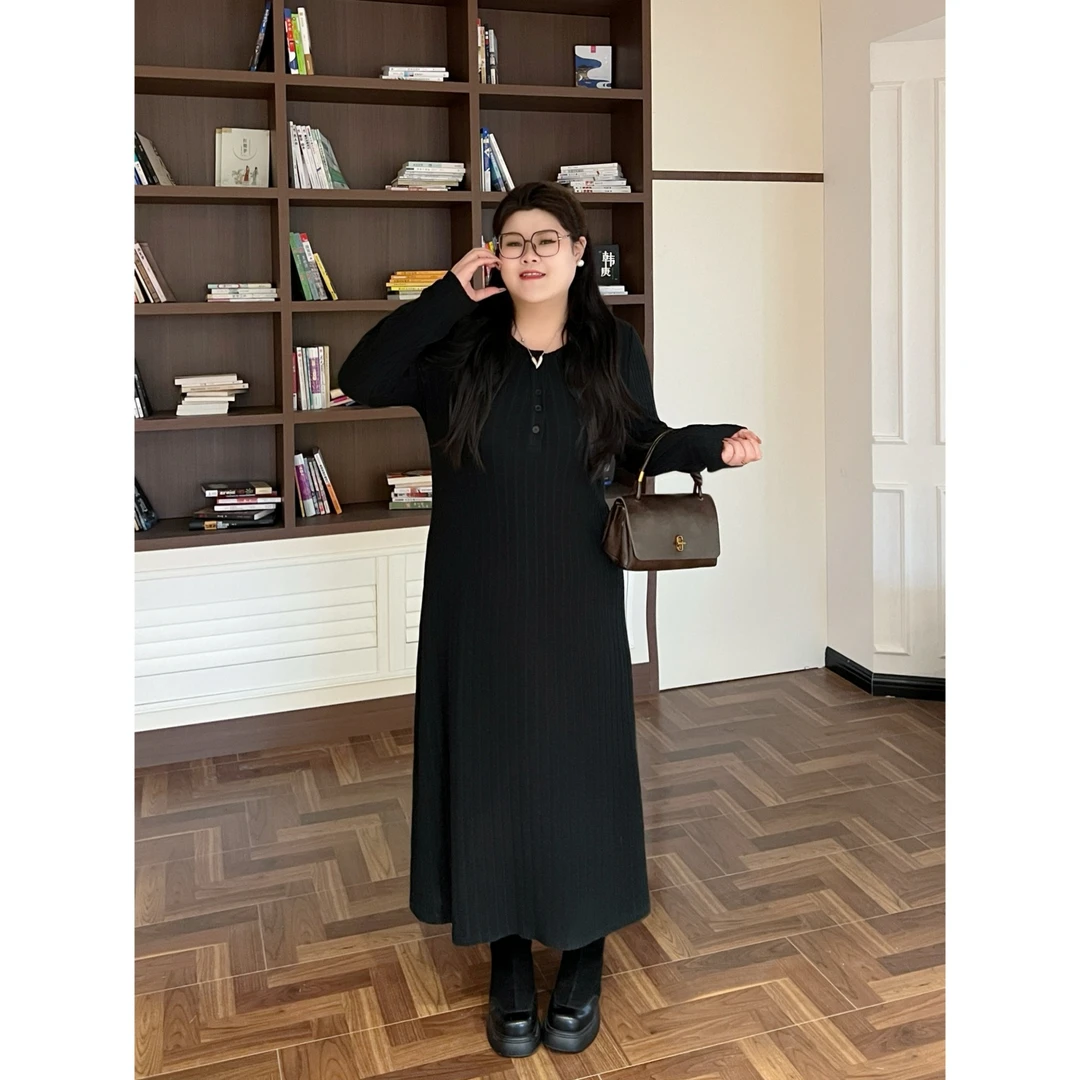 花契“晓露沾衣”大码女装冬季百搭200斤胖mm时尚针织连衣裙16034-X