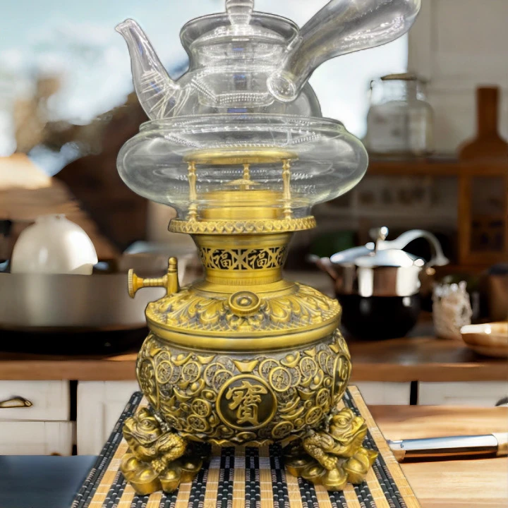 聚宝盆空气灯纯黄铜 中式潮汕茶具烧水煮茶炉 茶灯功夫茶套