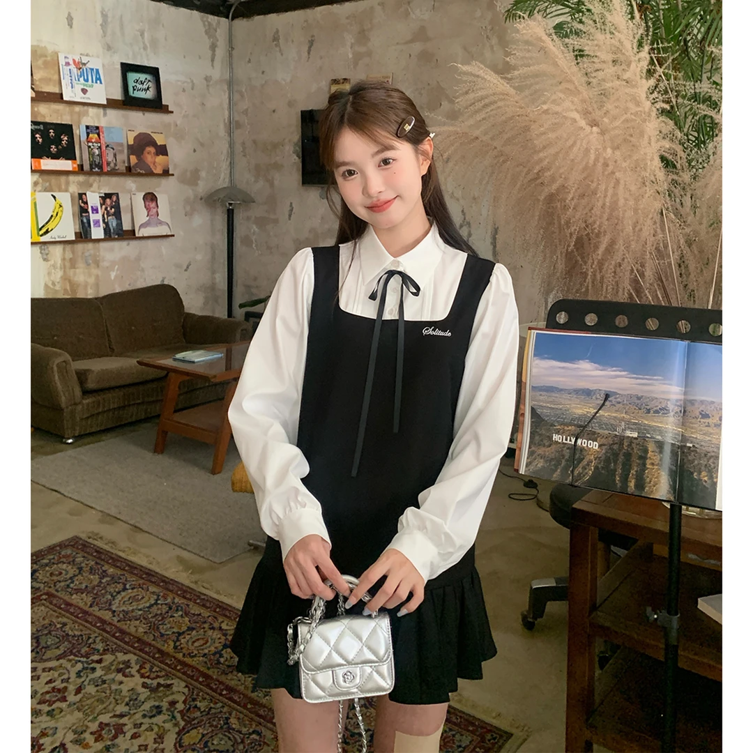 东京岁时记jk卡奶裙学院风长袖假两件连衣裙女可爱吊带裙衬衫套装