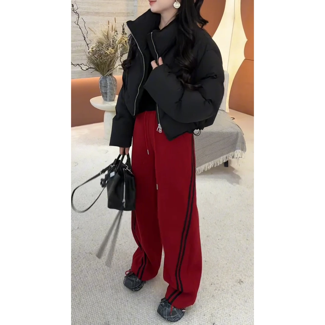 圣诞新年高腰抽绳阔腿卫裤女2025年秋冬加绒百搭休闲斜条纹阔腿裤