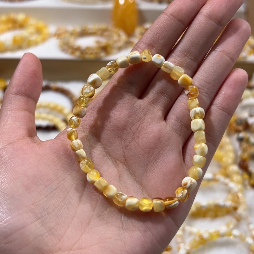 琥珀未镶嵌珠宝奇石金白妖花小方糖手串