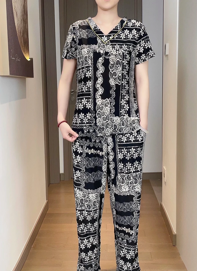 夏季新款妈妈装冰丝套装两件套九分裤薄款