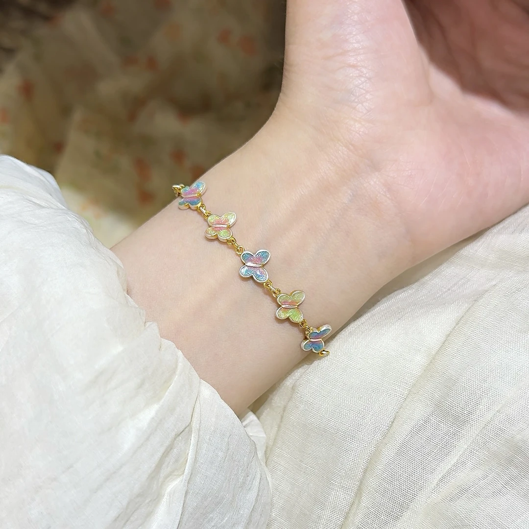 足银珐琅手链 舞翩翩  银奶奶足银999.9珐琅彩蝴蝶银手链送礼物