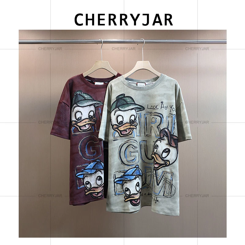 Cherryjar【251132】时尚运动卡通唐老鸭彩色印花夏季短袖圆领情侣