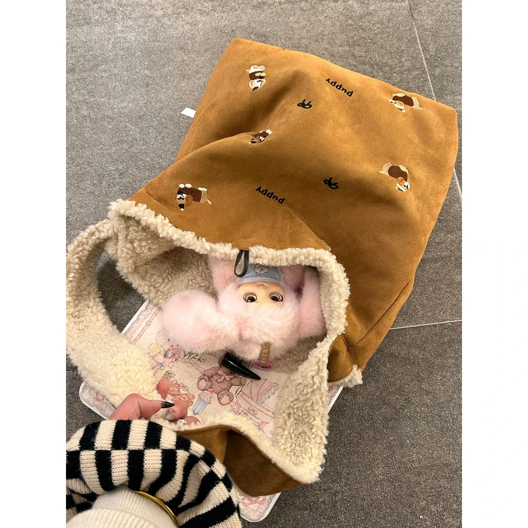 囊中慕自制新款复古麂皮绒拼接羊羔毛腋下包女单肩刺绣斜挎托特包