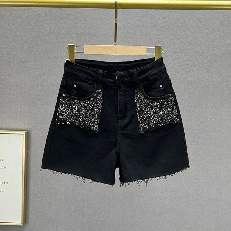 Aimeerosa/艾洛莎高腰显瘦牛仔裤夏季新款大码女高级烫钻时髦短裤