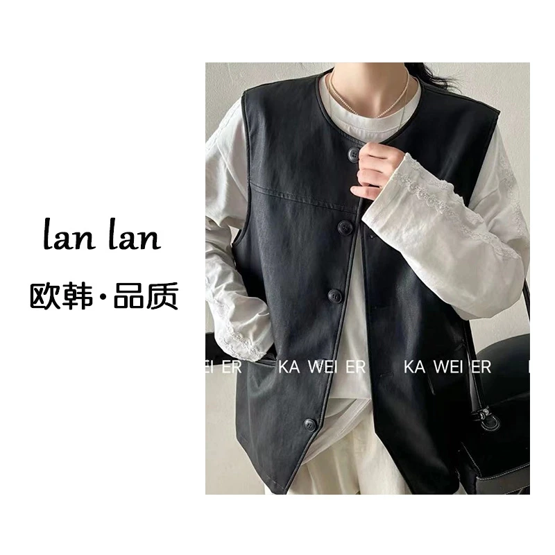 琪琪-春上新【无领皮马甲】88190韩版小众复古显瘦时尚皮衣马甲百搭