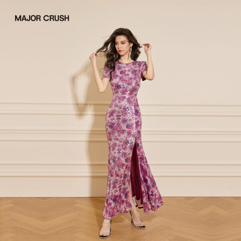 MAJOR CRUSH新款早秋复古性感修身绀色星月集珠片紧身连衣裙7045