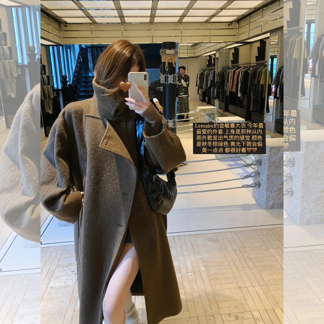 白水女 金敏喜lemai*大衣2.0!! 翻领毛呢咖色大衣女气质长款外套