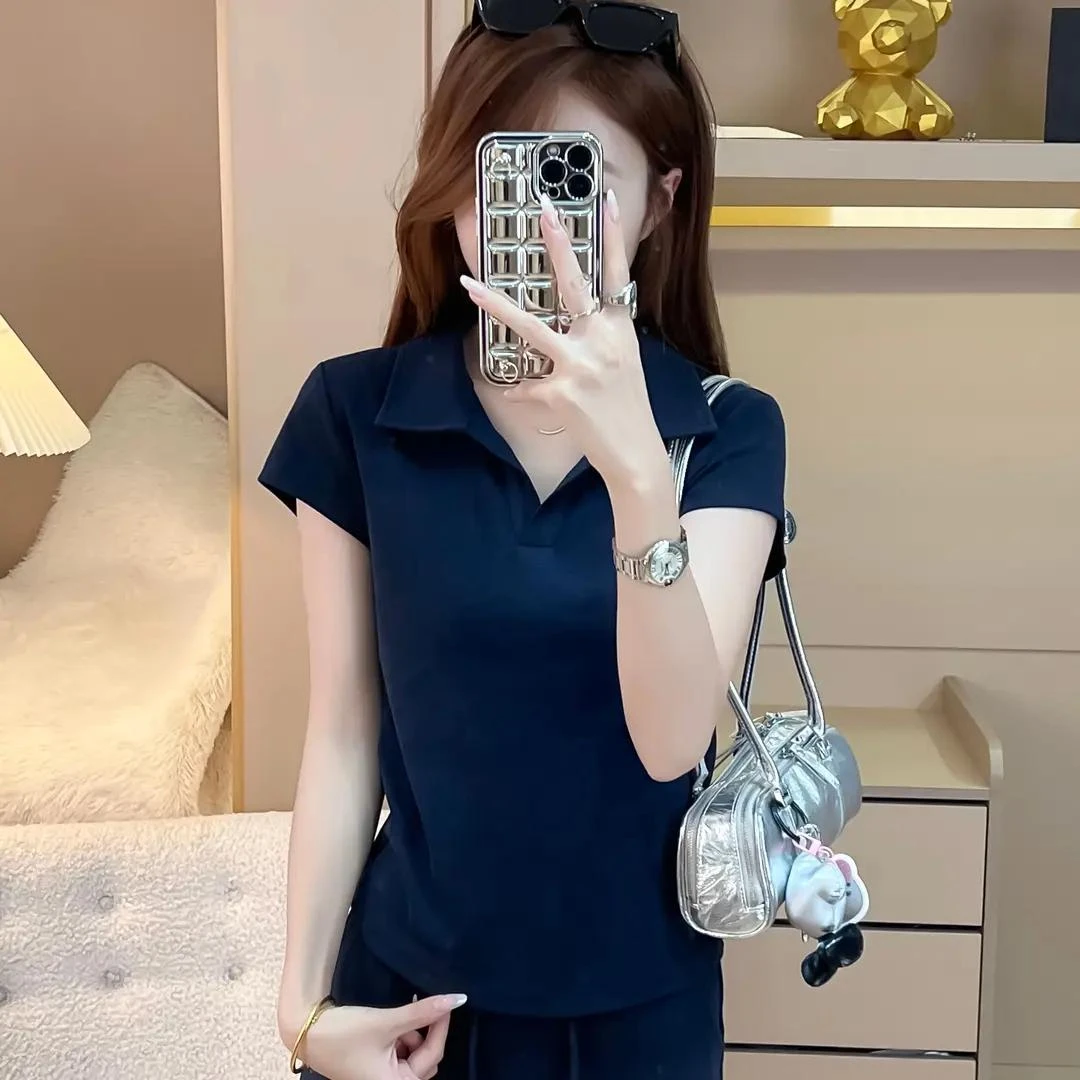 黑色POLO领正肩短袖t恤女2025韩版修身显瘦百搭休闲潮流简约上衣