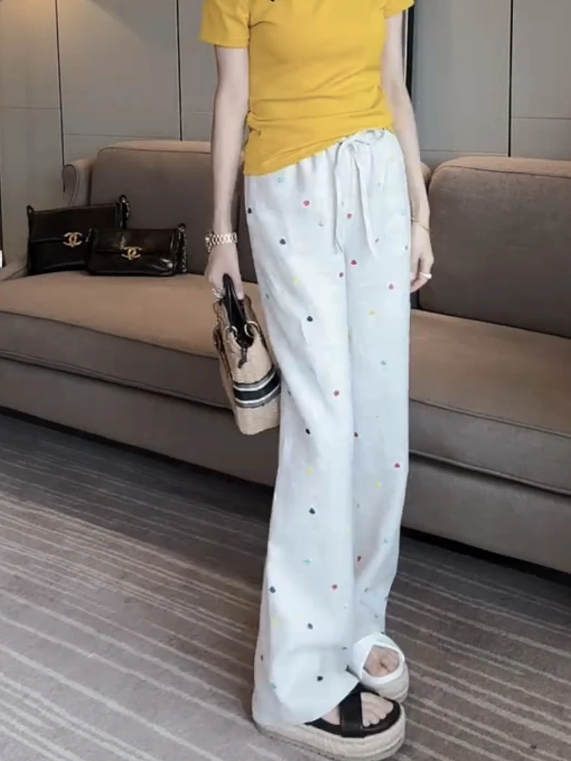 夏季薄款刺绣时尚休闲裤女大码气质高腰宽松显瘦百搭休闲阔腿裤