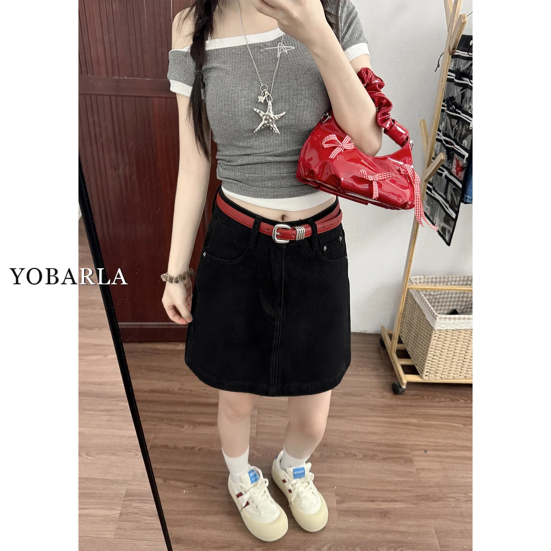 黑色牛仔短裙女夏季新款大码高腰显瘦小个子梨形身材a字半身裙子