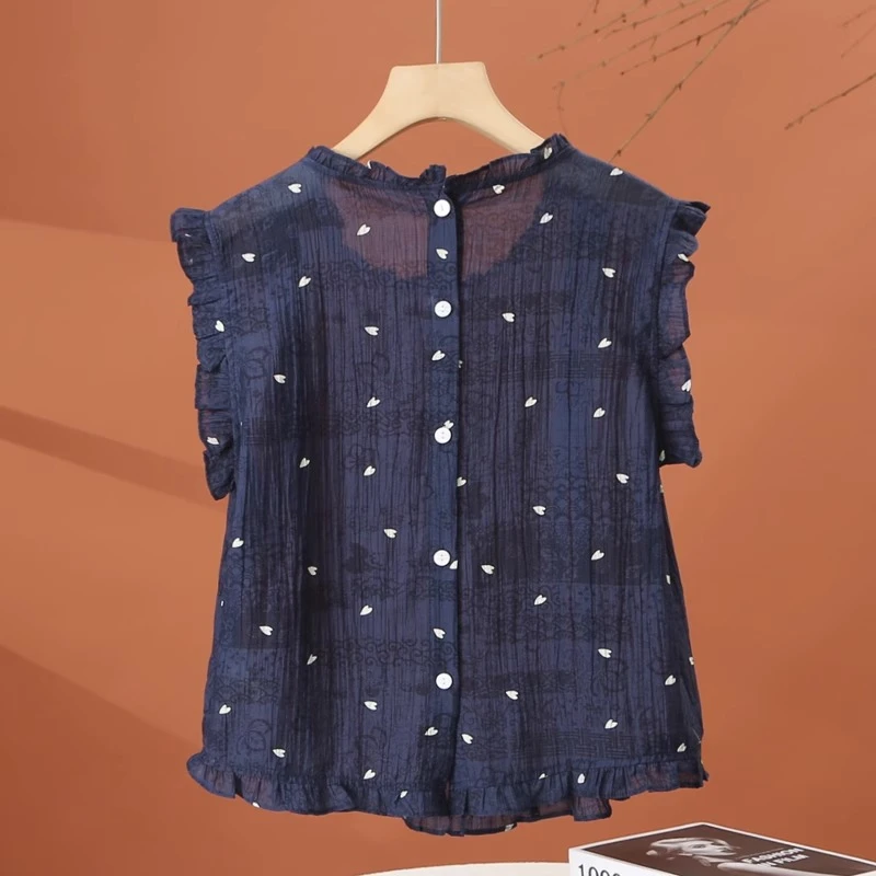 2025夏季新款女士藏蓝木耳边无袖碎花衬衫洋气减龄小衫时尚上衣服