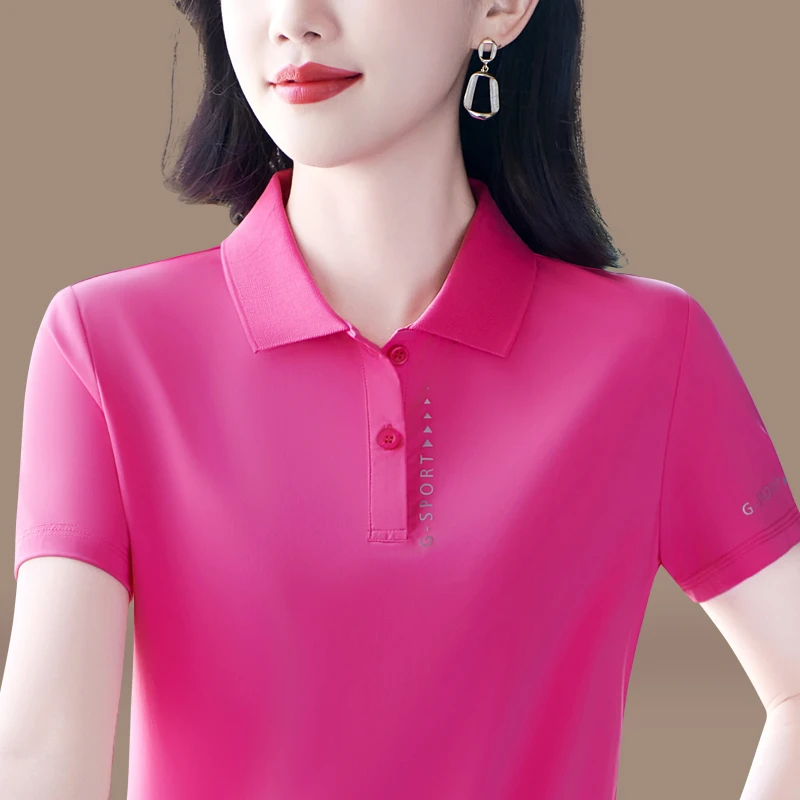 冰丝短袖t恤女夏季2025新款纯色体恤宽松上衣休闲polo衫洋气夏装