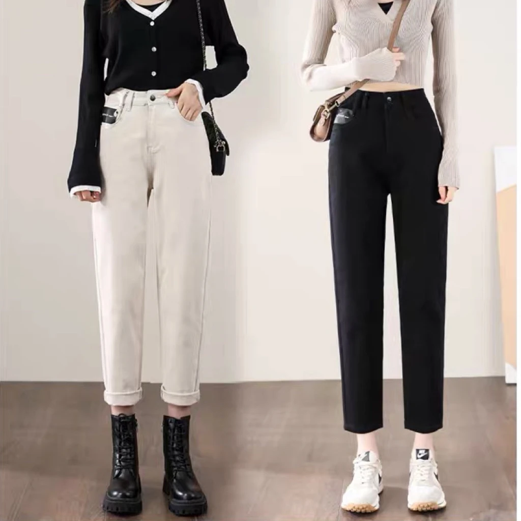 白色哈伦牛仔裤女2025春新款宽松高腰萝卜裤显瘦九分黑色老爹裤子