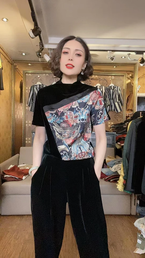 （现货）2025新款半高领拼花丝绒半袖5223