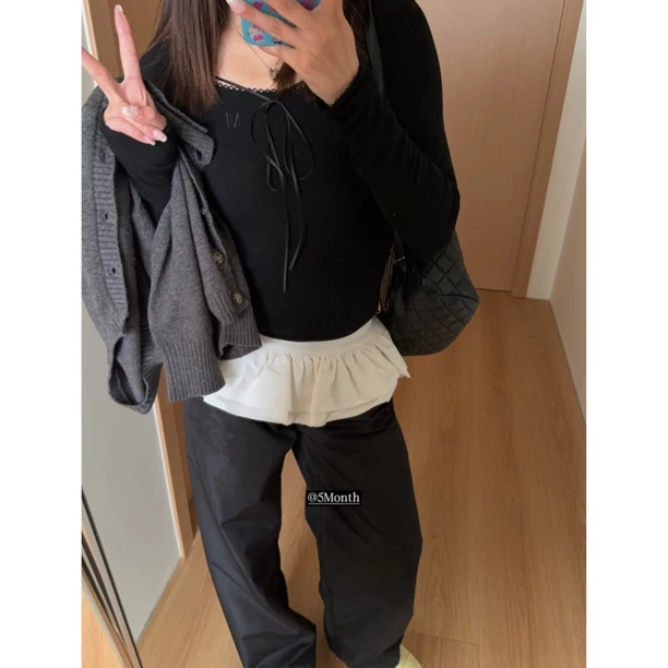 【心动转身】蓬蓬裙拼接花边黑色休闲裤D208