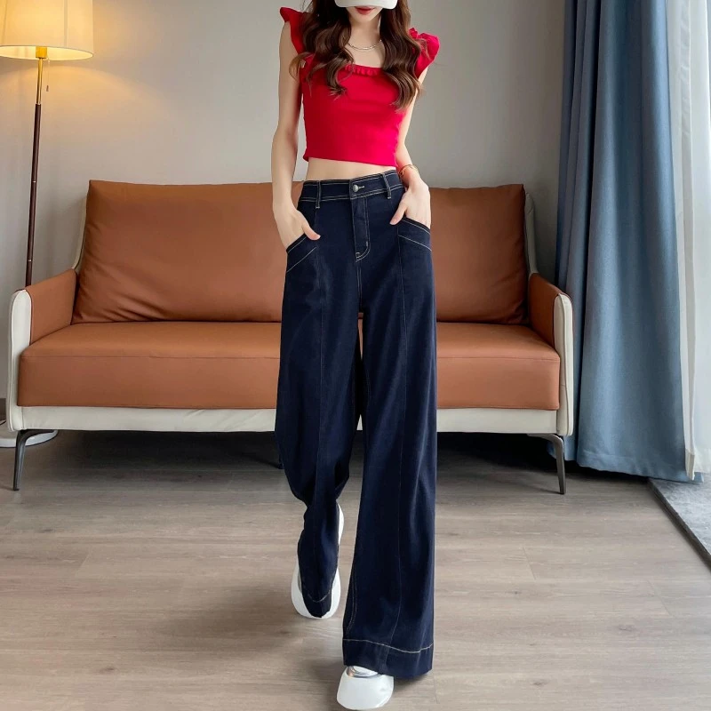 丹宁蓝阔腿裤女25年新款春秋时尚高腰遮肉显瘦宽松直筒弹力牛仔裤