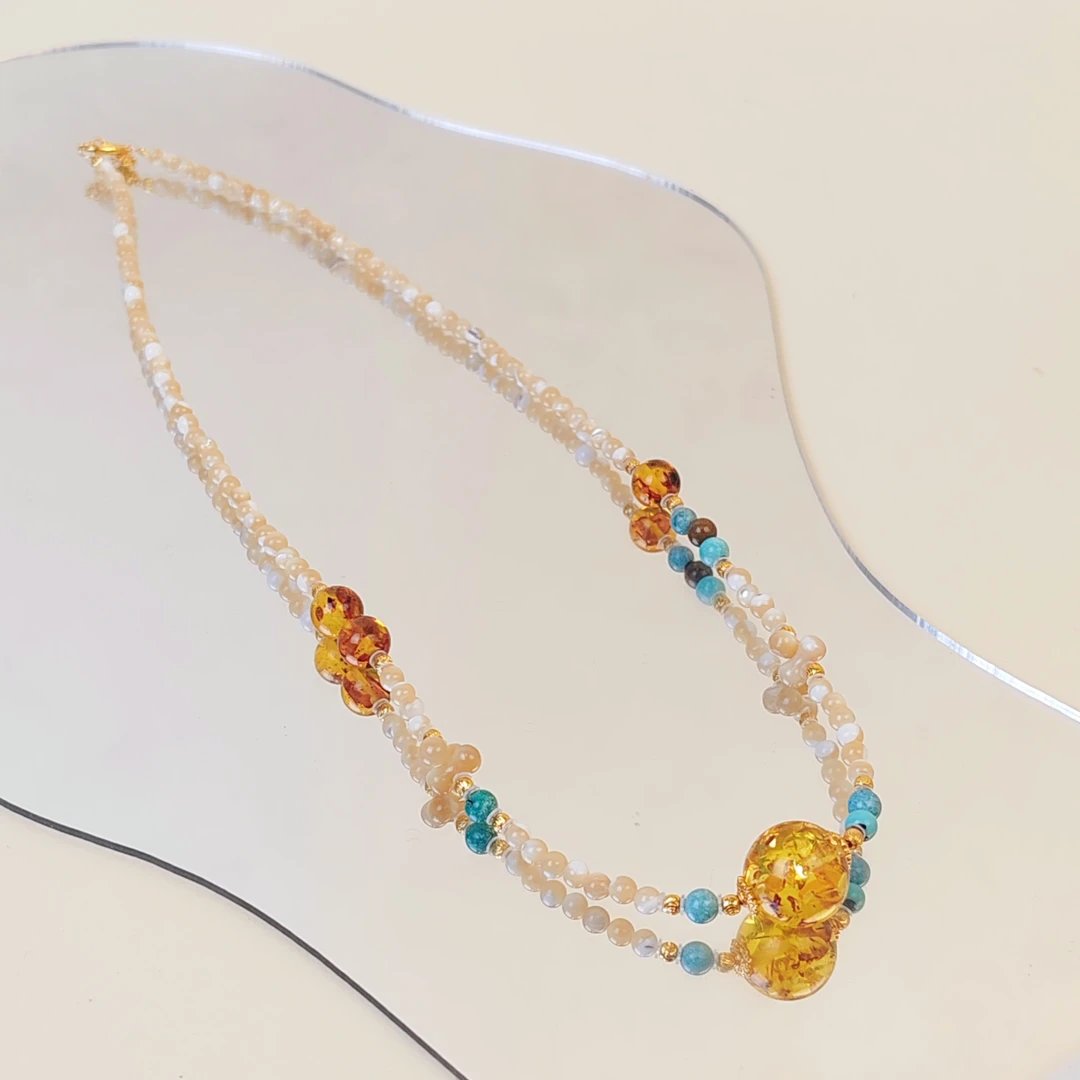 【星河坠】天然马蹄螺花珀设计项链