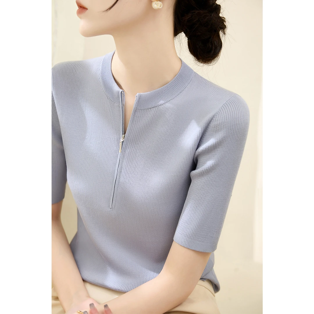 2025年圆领拉链半开衫设计针织衫女装夏季时尚莱赛尔天丝短袖上衣