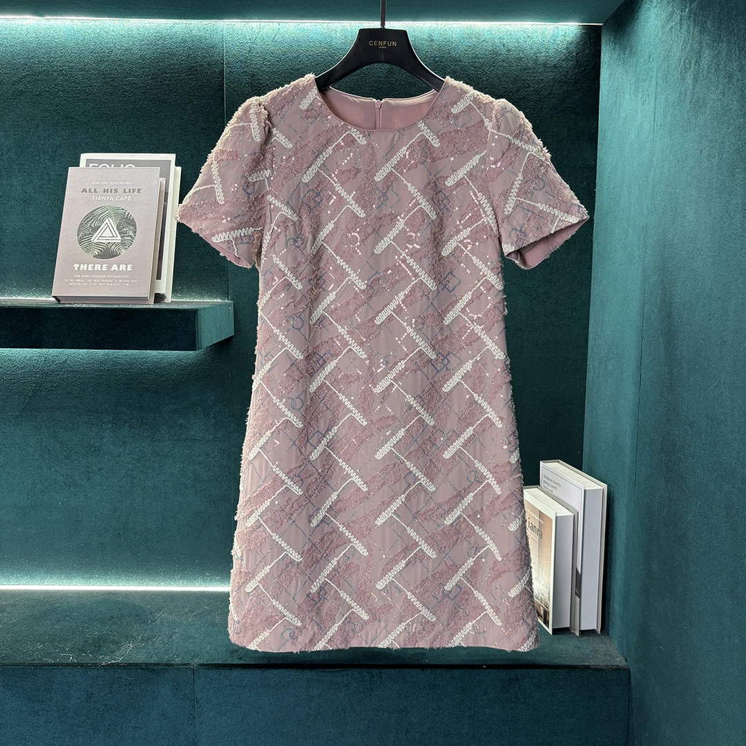 设计师亮片圆领气质名媛A摆短袖连衣裙E021185