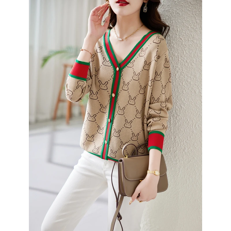 V领针织开衫女春秋新款宽松时尚慵懒长袖棒球服外套上衣B4170