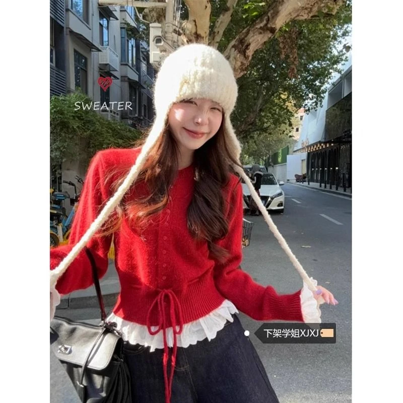 温柔风圆领毛衣开衫女冬季2025新款抽绳收腰荷叶边设计感针织上衣