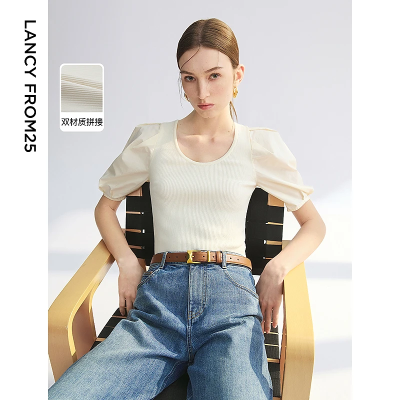 【粉丝专享】朗姿泡泡袖拼接针织短袖米白色2025年夏新款百搭上衣